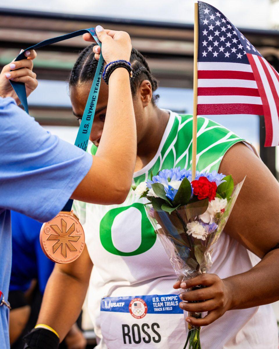 Oregon's Jaida Ross claims her bronze medal as she joins a handful of other current Ducks from around the world going to compete in Paris. The most elite athletes in the country meet at Hayward Field for the 2024 Summer Olympic Trials in Eugene, Ore. on June 22, 2024. (Jonathan Suni/Emerald)