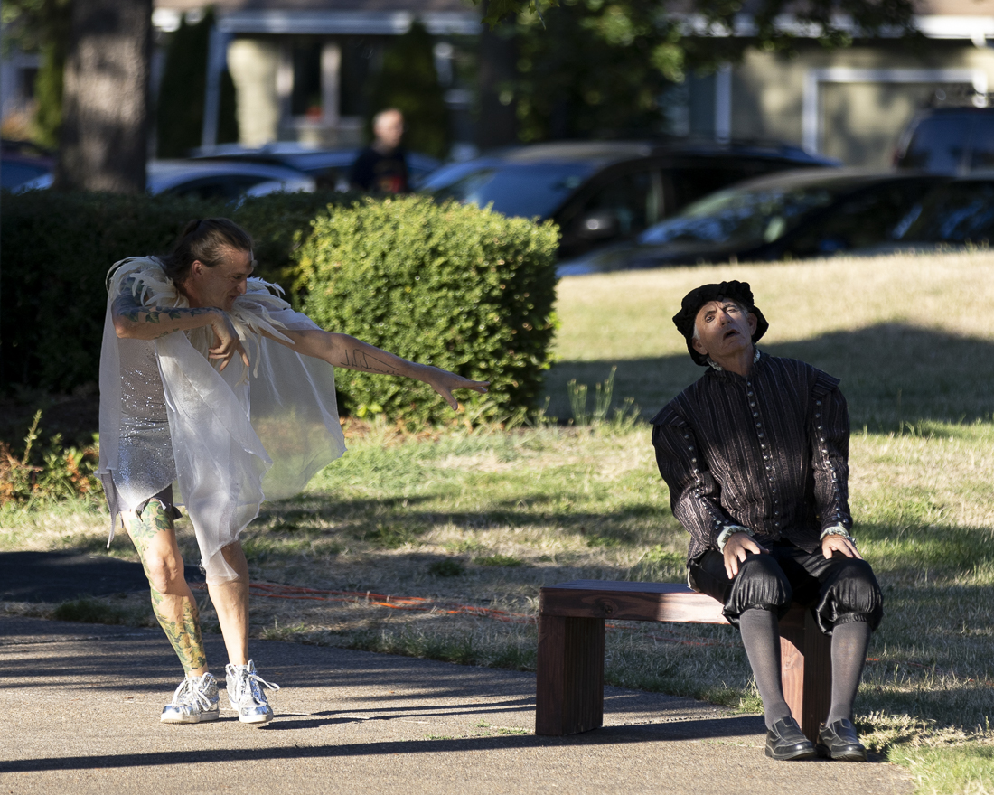 Actors perform as part of the Shakespeare in the Park performance of "The Tempest" on August 11, 2024. The performances—free to the public—take place at the Amazon Community Center, and will continue with "The Tempest" through August 25. (Alex Hernandez/Emerald)