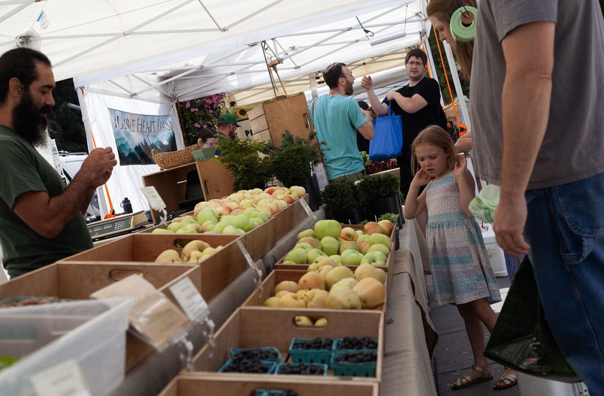 Tuesdays 9 a.m. to 2 p.m., customers and vendors descend on the Lane County Farmers Market to buy and sell anything from produce and pastries to massages and mushrooms. (Miles Cull/Emerald)