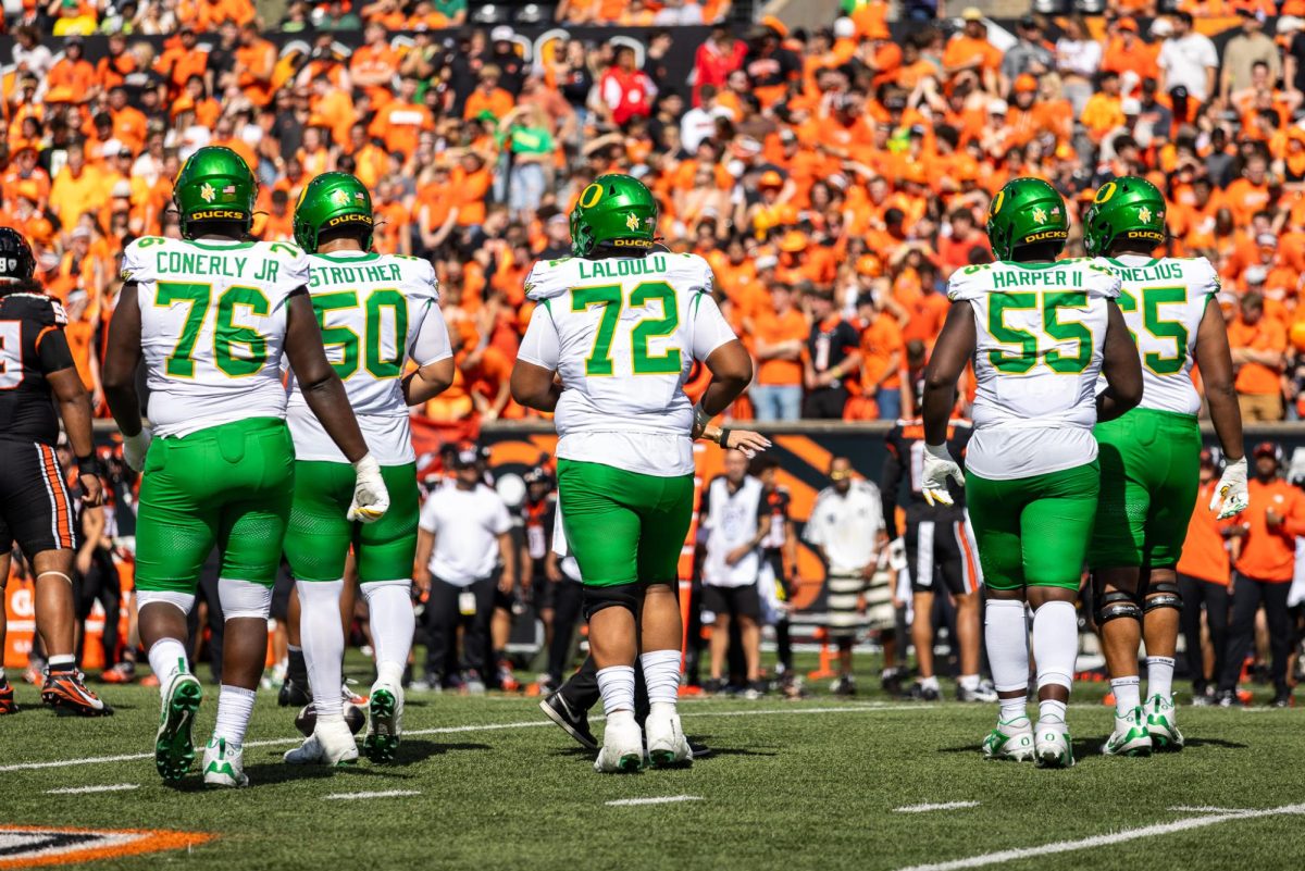 A revamped look of the Oregon Duck's offensive line takes the field as they look to protect their quarterback better than the previous two games. The Oregon Ducks travel up to Corvallis to face their in-state rival the Oregon State Beavers on September 14th, 2024. (Jonathan Suni/ Emerald)