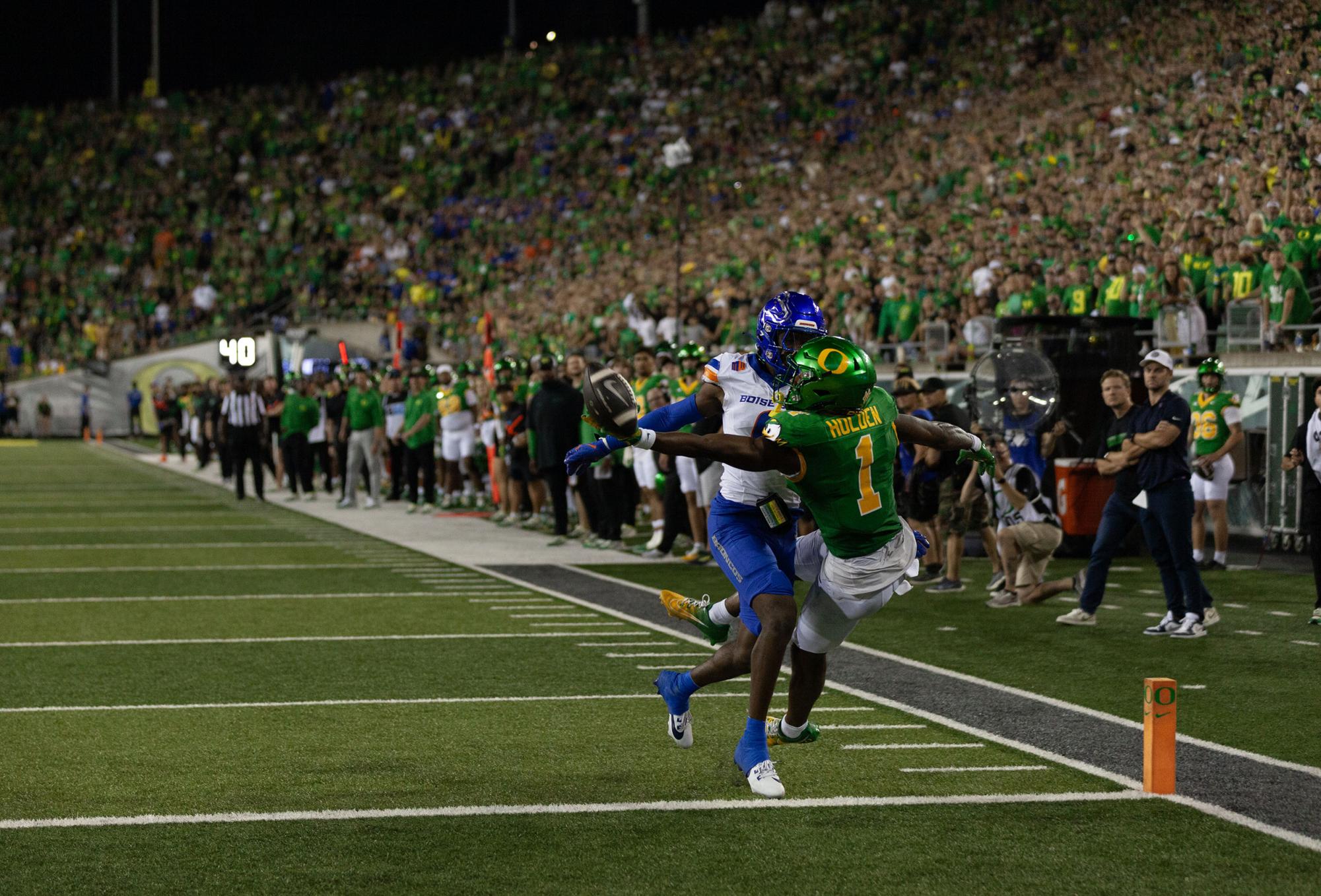 Traeshon Holden(1) Barely misses a catch in the endzone.  The University of Oregon Ducks defeated the Boise State Broncos 37-34 Saturday, making a kick two seconds before the start of overtime. (Miles Cull/Emerald)