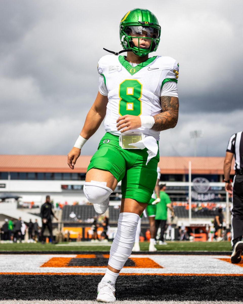 New Oregon Duck, Dillon Gabriel (8), looks to lead his team to a rivalry victory against the Oregon State Beavers. The Oregon Ducks travel up to Corvallis to face their in-state rival the Oregon State Beavers on September 14th, 2024. (Jonathan Suni/Emerald)