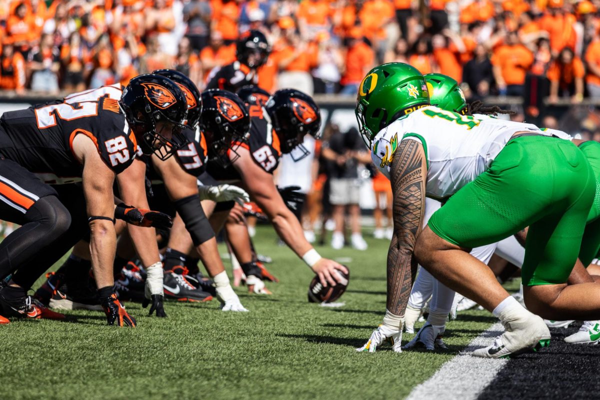 The coveted Oregon defensive unit filled with newly transferred and home grown talent looks to stuff the Beavers at the goal line. The Oregon Ducks travel up to Corvallis to face their in-state rival the Oregon State Beavers on September 14th, 2024. (Jonathan Suni/Emerald)