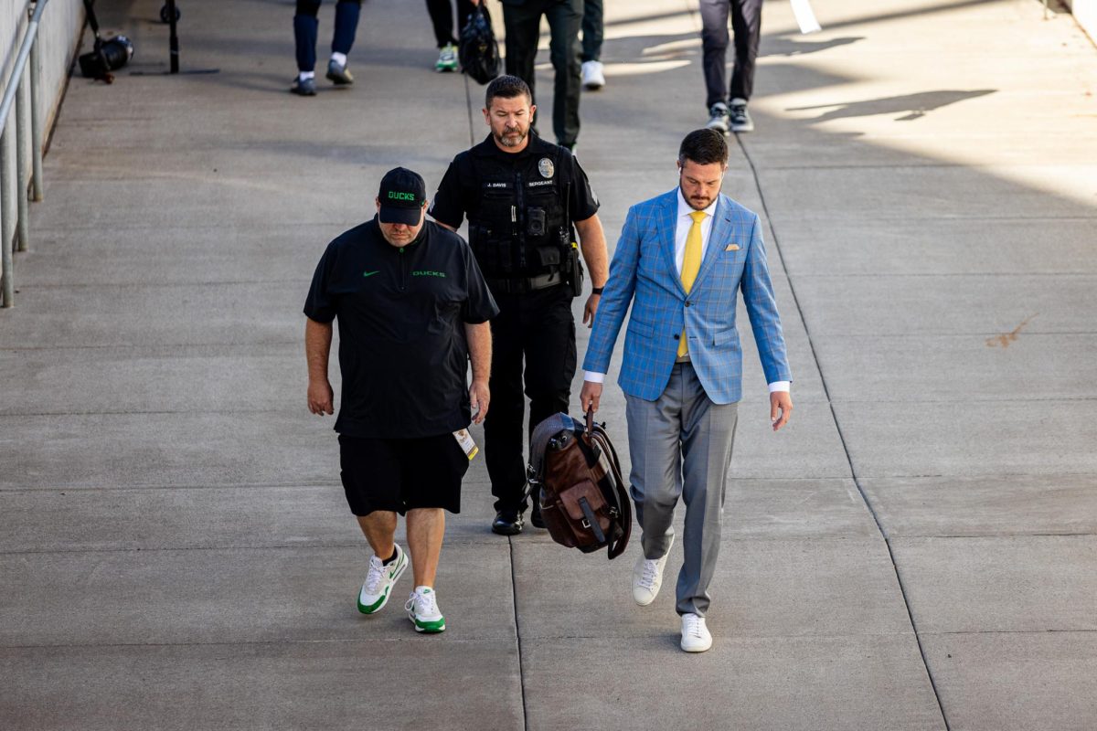 Oregon head coach, Dan Lanning, looks to walk out of the newly renovated Reser Stadium after the upsetting loss he and his team received the last time they made the trip up to Beaver territory. The Oregon Ducks travel up to Corvallis to face their in-state rival the Oregon State Beavers on September 14th, 2024. (Jonathan Suni/Emerald)