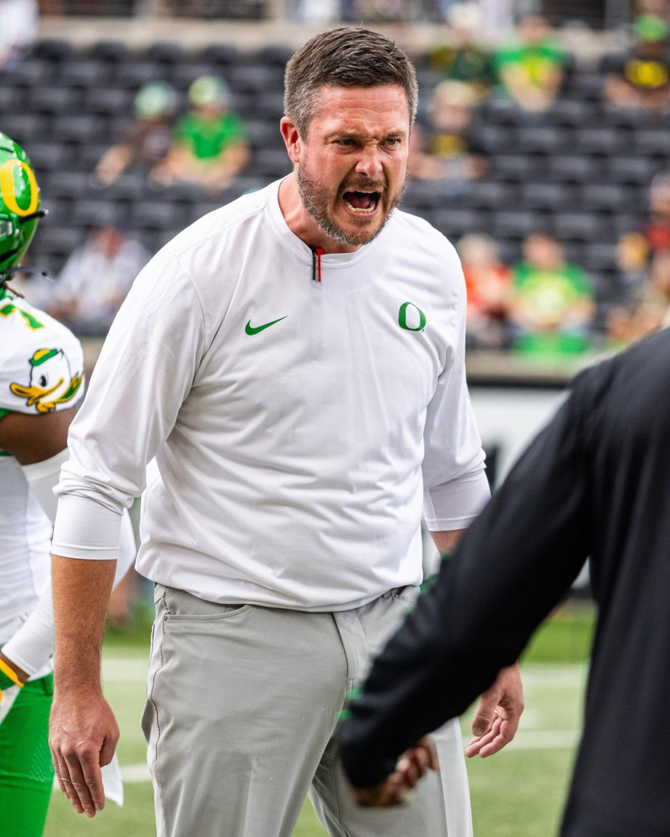 Lanning looks to bring the intensity up for his Ducks as they prepare to shut down the home team and crowd early. The Oregon Ducks travel up to Corvallis to face their in-state rival the Oregon State Beavers on September 14th, 2024. (Jonathan Suni/Emerald)