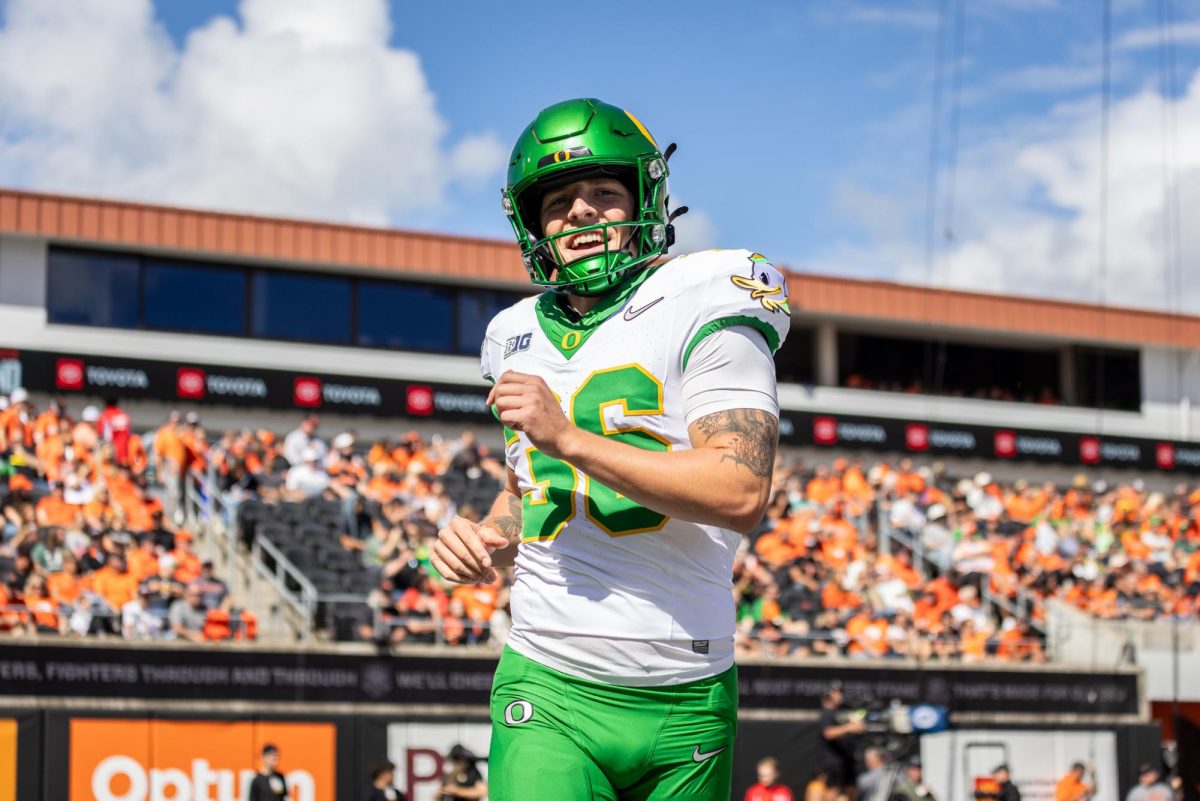 Sappington smiles as he remains perfect against his former team. The Oregon Ducks travel up to Corvallis to face their in-state rival the Oregon State Beavers on September 14th, 2024. (Jonathan Suni/Emerald)