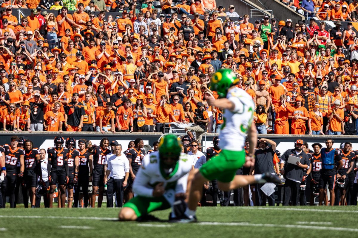 The home crowd yells and boos at their former kicker, Atticus Sappington (36), who is now earning important points for the Oregon Ducks. The Oregon Ducks travel up to Corvallis to face their in-state rival the Oregon State Beavers on September 14th, 2024. (Jonathan Suni/Emerald)