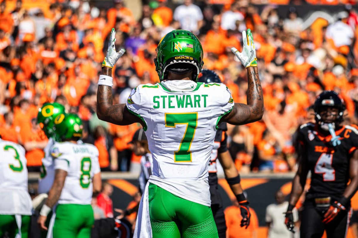 Evan Stewart celebrates yet another Oregon touchdown as they begin to pile on over the Oregon State Beavers. The Oregon Ducks travel up to Corvallis to face their in-state rival the Oregon State Beavers on September 14th, 2024. (Jonathan Suni/Emerald)