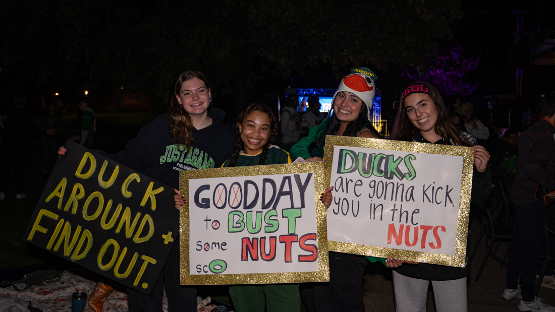 Oregon Duck fans camping overnight made signs. They are hoping to be shown on the ESPN's College GameDay broadcast starting at 6 a.m. PST. (Saj Sundaram/Emerald)