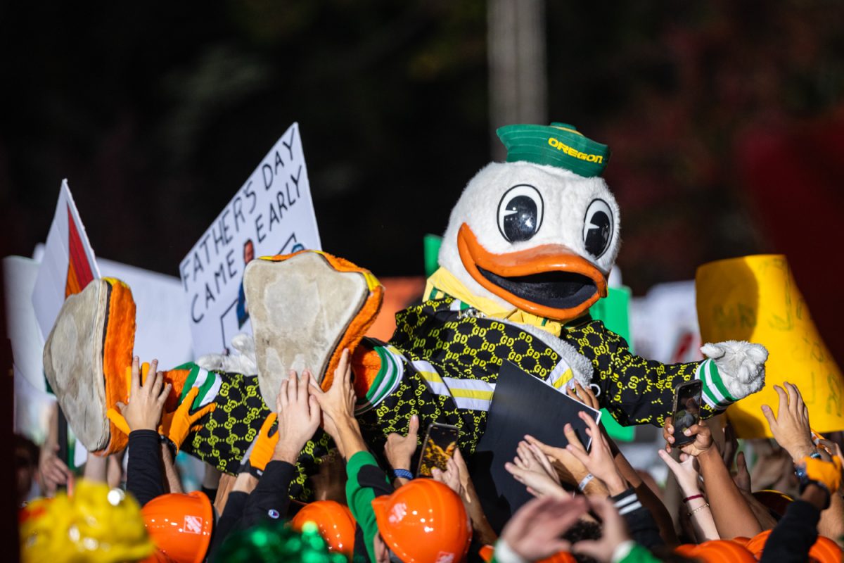 The Duck surfs in the crowd as the show kicks off. ESPN’s College GameDay makes its 12th visit to the University of Oregon on Oct. 12, 2024. The Ducks face off against the Ohio State Buckeyes later in the day, a match-up like no other played in Autzen Stadium in Eugene, Ore. (Molly McPherson/Emerald)