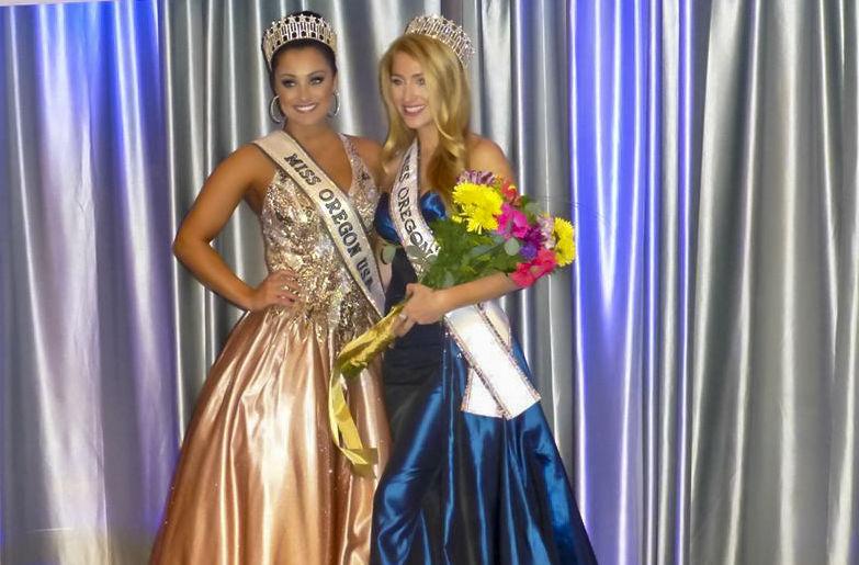 Miss Oregon USA 2013, Gabrielle Neilan, left, and Miss Oregon USA 2014, Emma Pelett, right, pose at the end of the pageant.