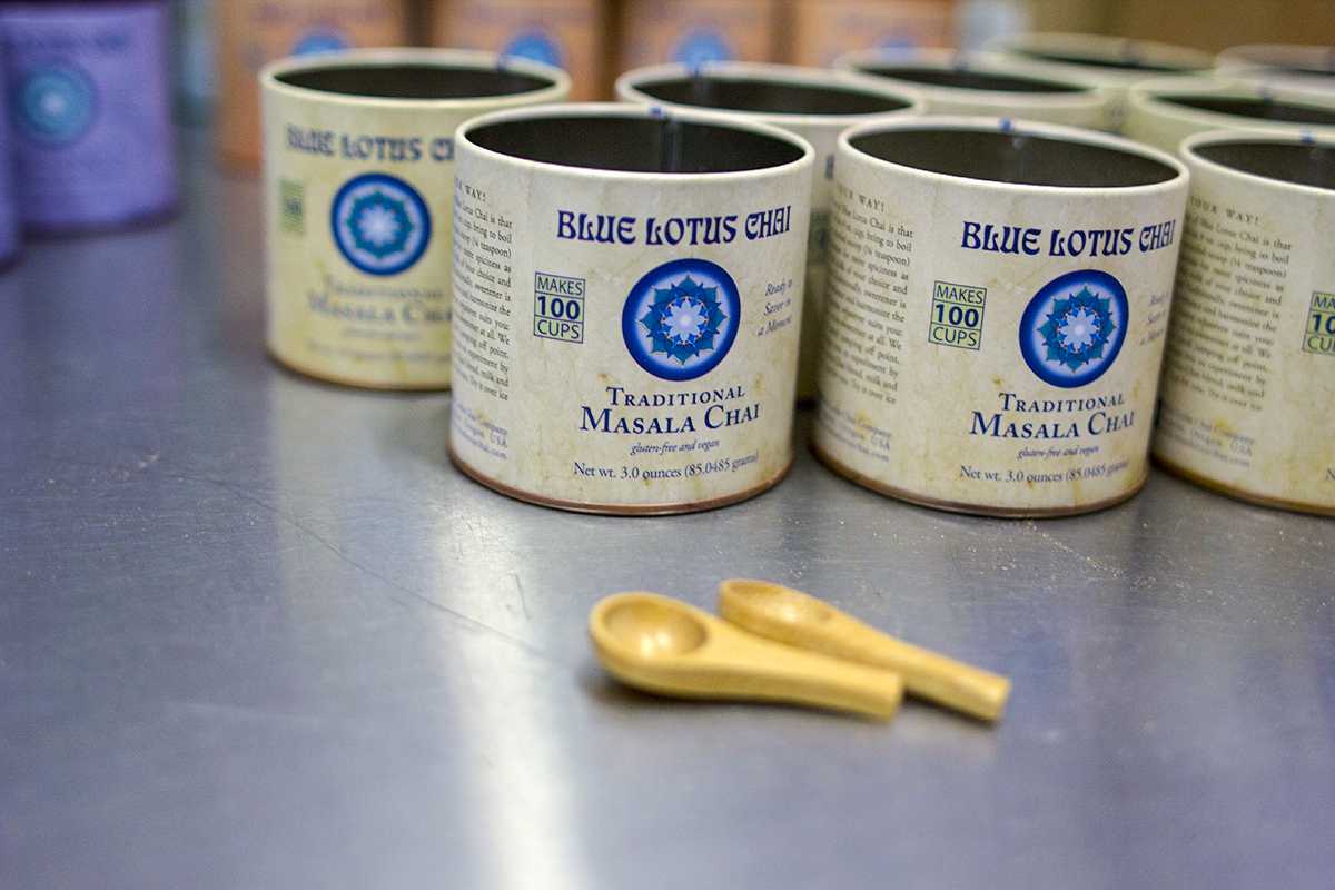 Each tin or bag of Blue Lotus Chai comes with a fare-trade bamboo spoon to portion out just enough of the tea powder.