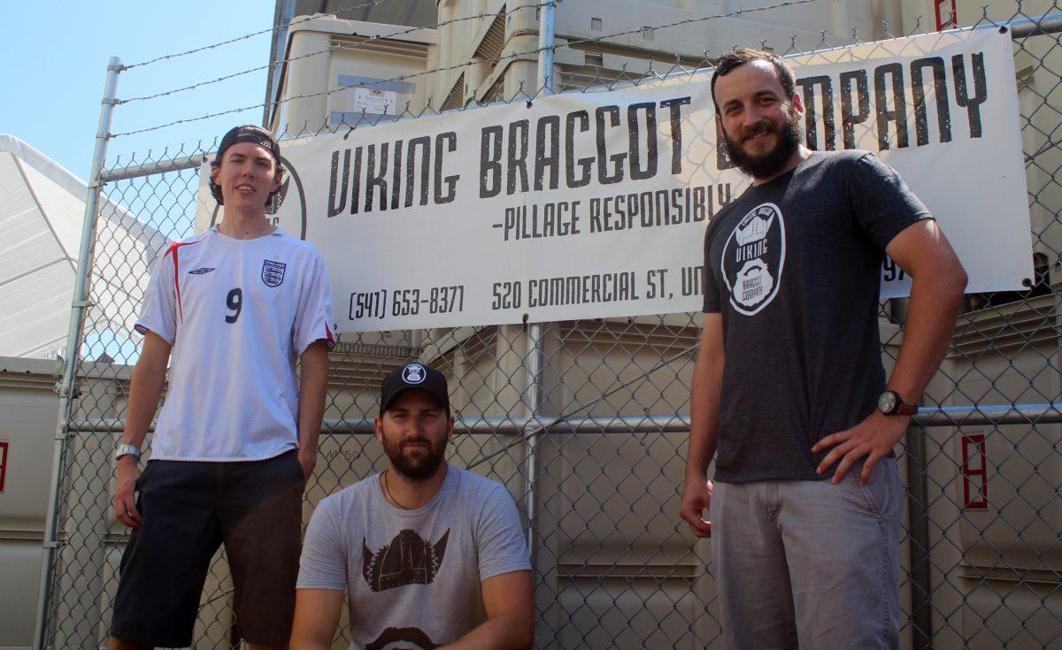 Daniel McTavish (left), Addison Stern (right) and brewmaster Perry Ames (center) outside Viking Braggot Brewery. (Emerson Malone/Emerald)