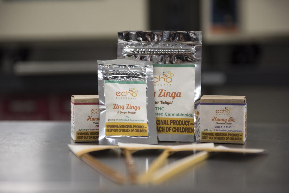 <p>An array of the different products Echo Electuary sells, including honey sticks and honey ginger chews, all infused with THC, CBD or both. (Cole Elsasser/Emerald).</p>