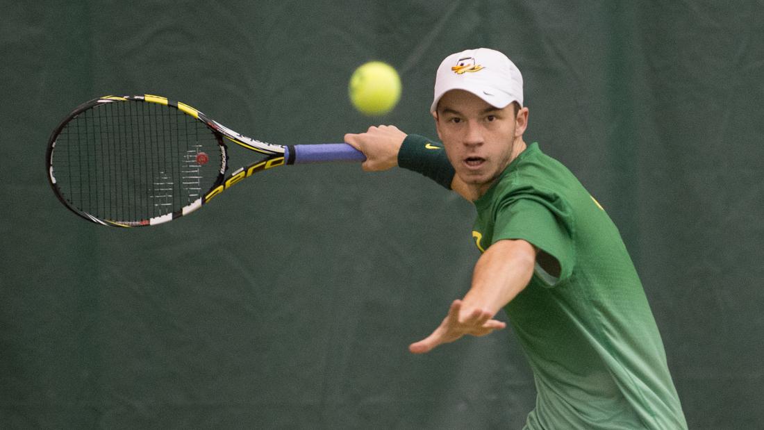 Simon Stevens looks to return a pass from Seattle University's Tanner Berkabile. The No. 49 Oregon Ducks face the Seattle University Redhawks at the Oregon Student Tennis Center in Eugene, Ore. on Jan. 16 2016. (Adam Eberhardt/Emerald)