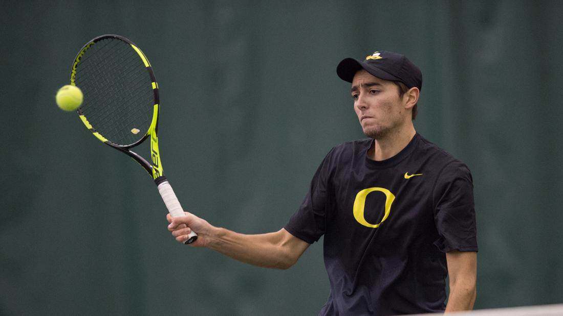 Thomas Laurent goes to hit the ball during his individual math. The No. 49 Oregon Ducks face the No. 54 UC Santa Barbara Gauchos at the Oregon Student Tennis Center in Eugene, Ore. on Jan. 19 2016.