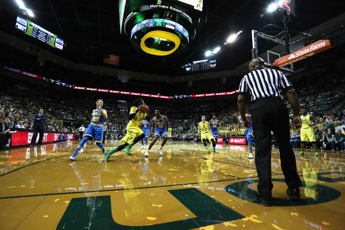 Oregon Forward Dwayne Benjamin attacks the basket late in the first half. The Oregon Ducks play the UCLA Bruins at Matthew Knight Arena in Eugene, Oregon on January 23, 2016. (Kyle Sandler/Emerald)