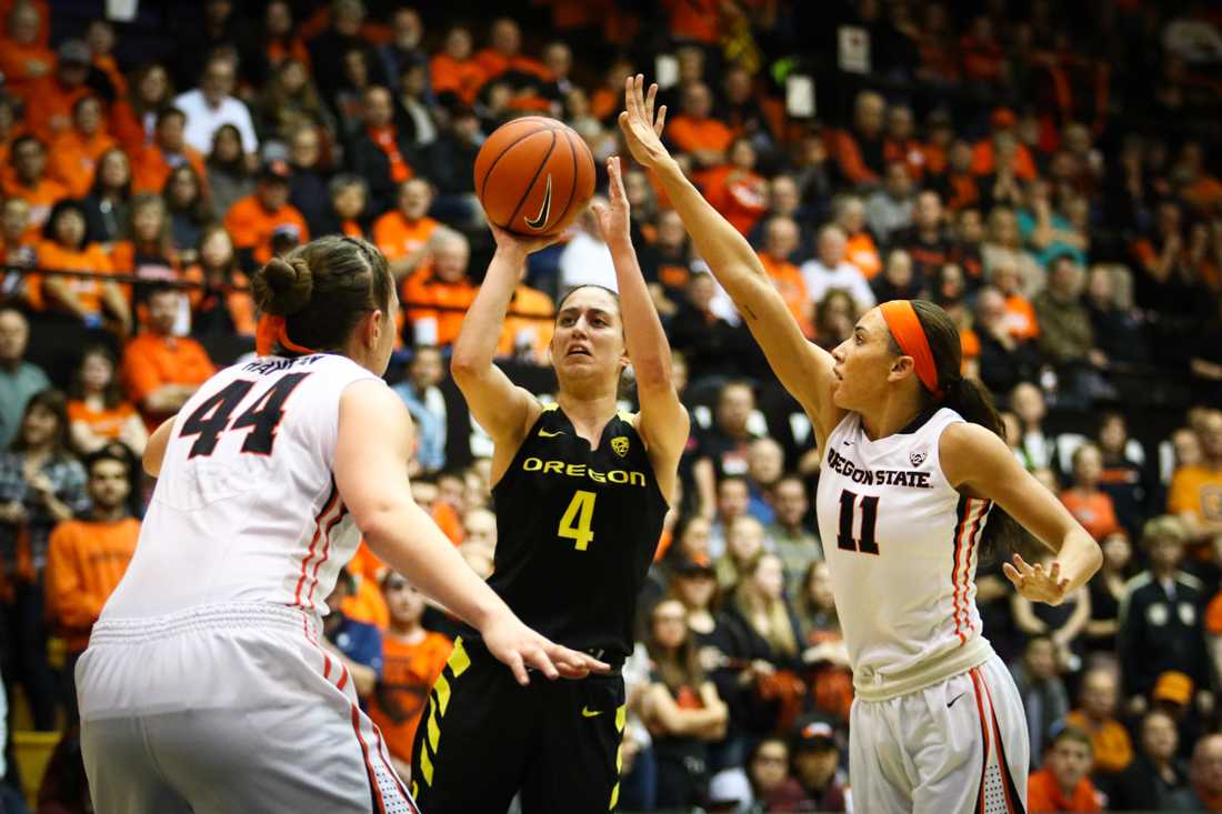 Maite Cazorla (4) shoots the ball. The Oregon State Beavers hosted the Oregon Ducks on January 8, 2015 at Gill Coliseum in Corvallis, Oregon. (Samuel Marshall/Emerald)