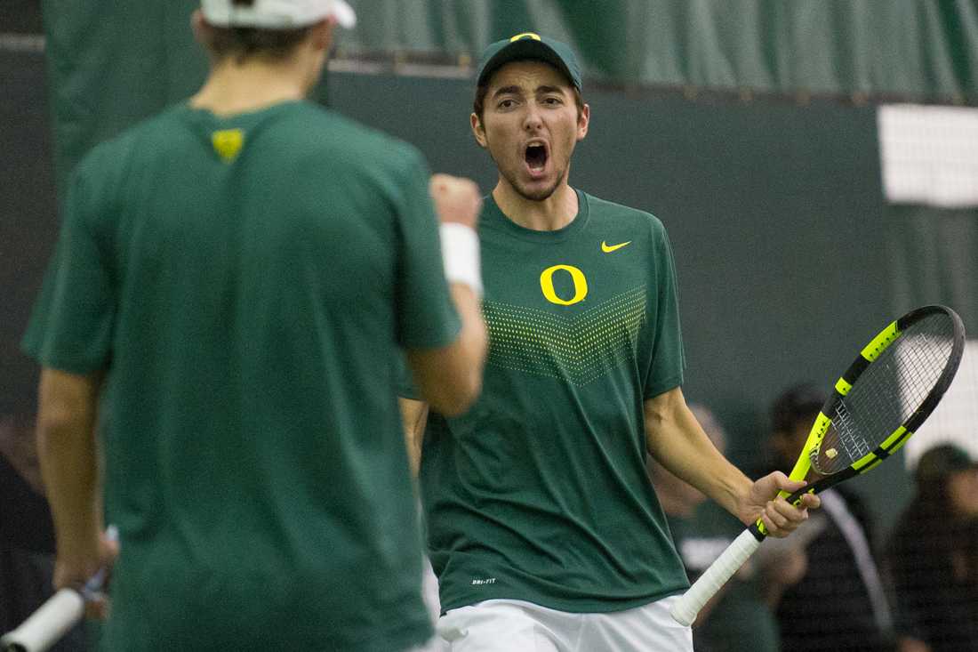 Thomas Laurent celebrates scoring a winning point during his doubles match. The No. 37 Oregon Ducks face the No. 67 Boise State Broncos at the Oregon Student Tennis Center in Eugene, Ore. on Feb. 21 2016. (Adam Eberhardt/Emerald)