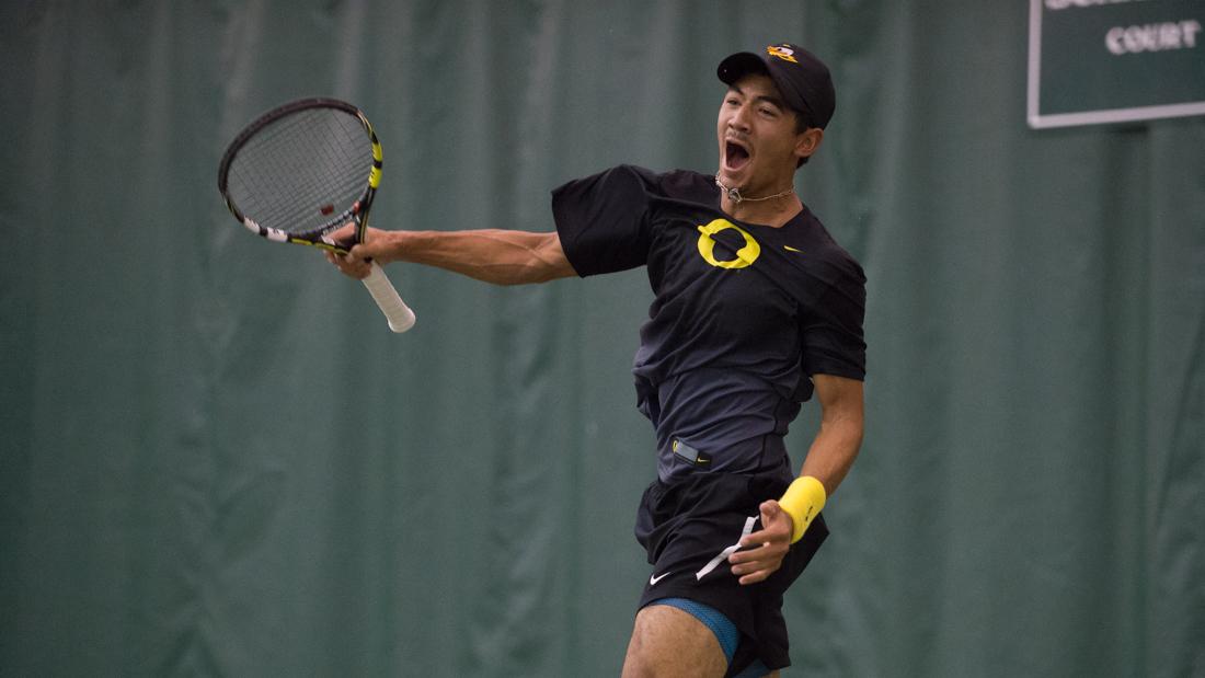 Ethan Young-Smith celebrates his win during his singles match that clutched Oregon's win over Indiana. The No. 37 Oregon Ducks face the No. 50 Indiana Hoosiers at the Oregon Student Tennis Center in Eugene, Ore. on Feb. 19 2016. (Adam Eberhardt/Emerald)