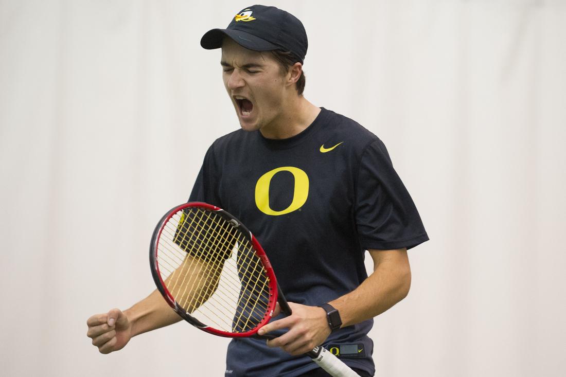 Jayson Amos celebrates after winning his singles match. The No. 37 Oregon Ducks face the No. 50 Indiana Hoosiers at the Oregon Student Tennis Center in Eugene, Ore. on Feb. 19 2016. (Adam Eberhardt/Emerald)