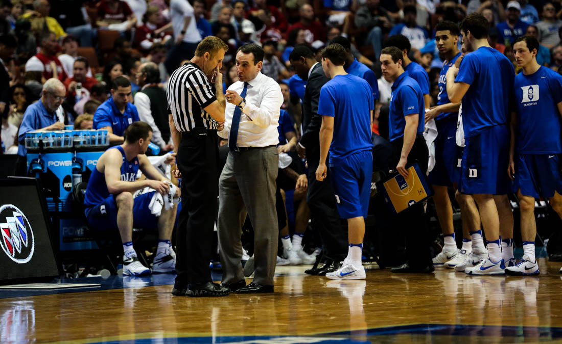 Duke coach Mike Krzyzewski pleads his case to a referee. The Oregon Ducks face the Duke Blue Devils on March 24, 2016 in the Sweet 16 at the Honda Center. (Kyle Sandler/Emerald)