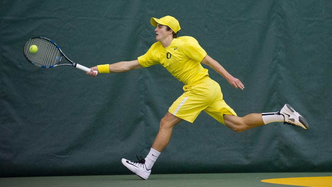 Cormac Clissold reaches to return the ball back to his opponent during his singles match. The No. 20 Oregon Ducks face the Fresno State Bulldogs at the Oregon Student Tennis Center in Eugene, Ore. on March 12, 2016. (Adam Eberhardt/Emerald)