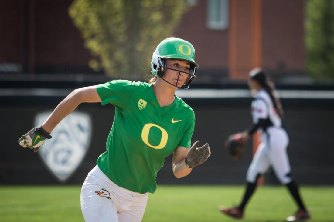 Nikki Udria (3) roudns the bases. The Oregon State Beavers host the Oregon Ducks for the Civil War Series at the OSU Softball Complexin Corvallis, Ore on April 8, 2016. (Samuel Marshall/Emerald)