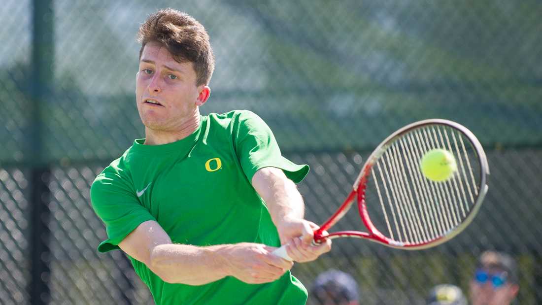 Daan Maasland returns the ball to his opponent during his singles match. The No. 39 Oregon Ducks take on the Utah Utes at the Oregon Student Tennis Center in Eugene, Ore. on April 3, 2016. (Adam Eberhardt/Emerald)