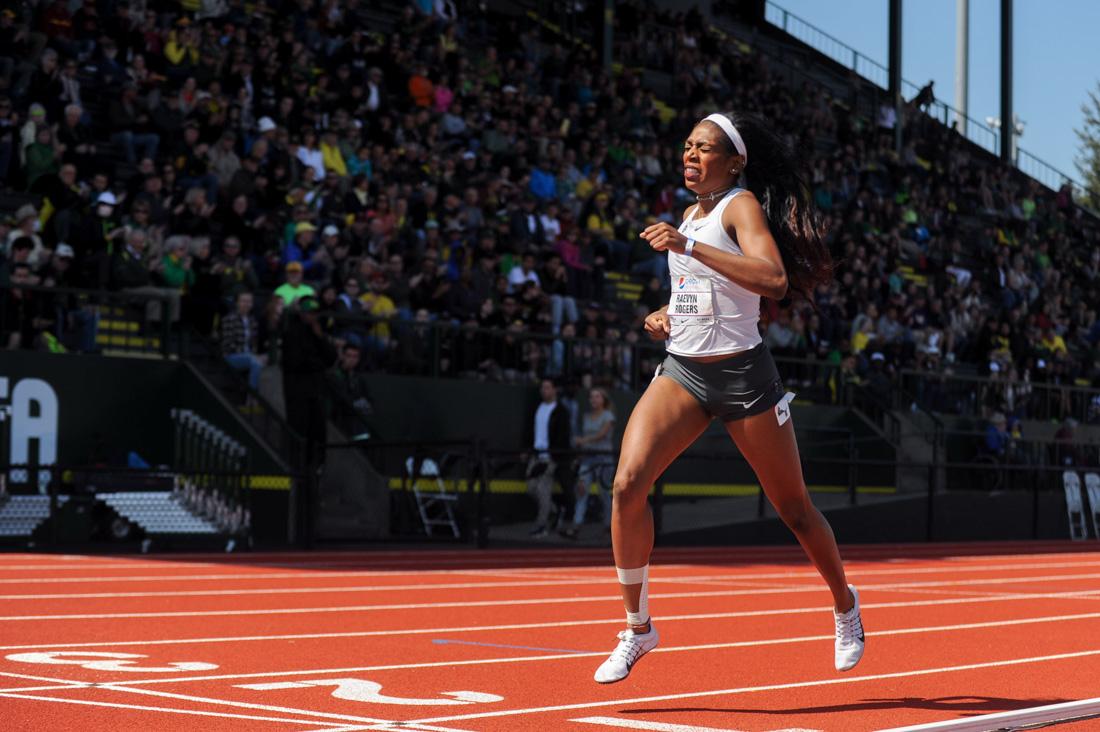 Oregon&#8217;s Raevyn Rogers crosses the finish line during the women&#8217;s 800 meter run. The Oregon Ducks host the Pepsi Invitational at Hayward Field in Eugene, Ore. on April 9, 2016. (Kaylee Domzalski/Emerald)