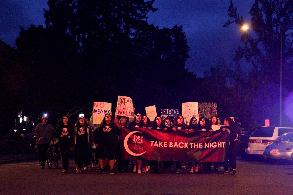 Students organize the Take Back the Night event and protest to support sexual assault survivors and to prevent tragedies again from happening on campus. It began with speeches in their honor, and was followed by a march through campus and around the Eugene community.