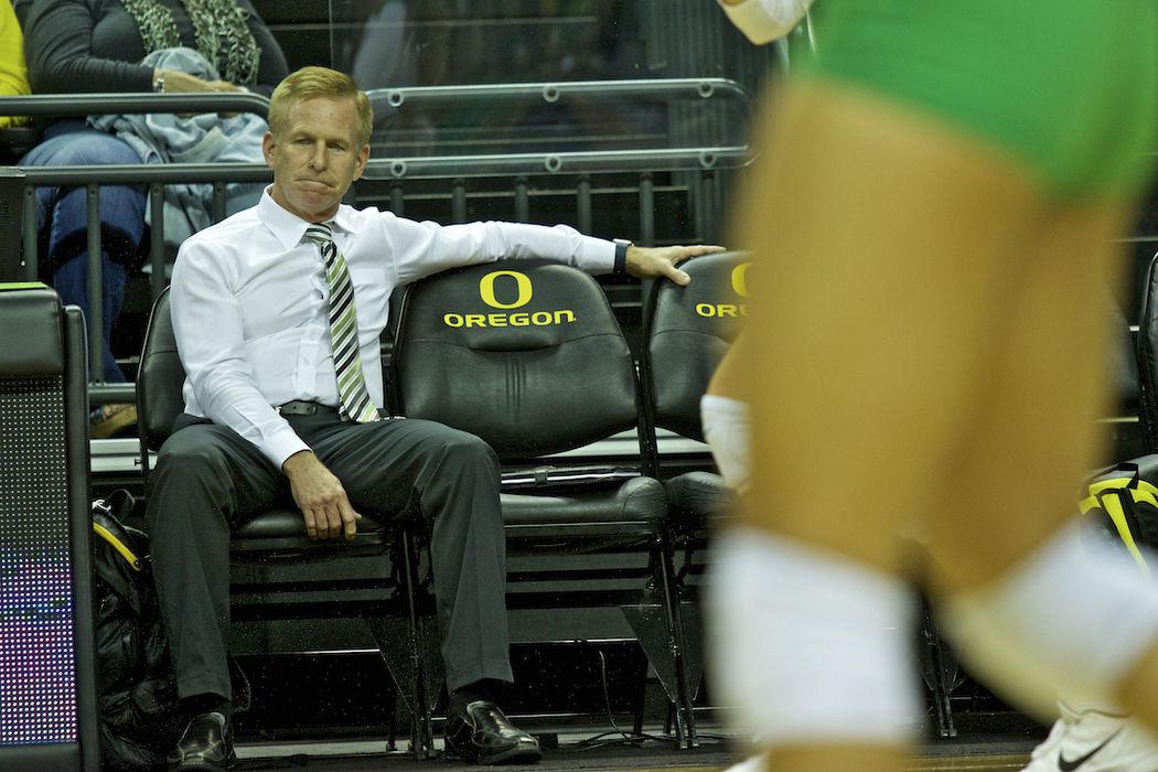 Oregon head coach Jim Moore looks on during his team&#8217;s match with Washington. Oregon volleyball plays the University of Washington on Friday, October 7th at Matthew Knight Arena in Eugene, Oregon. Eric Cech/Emerald