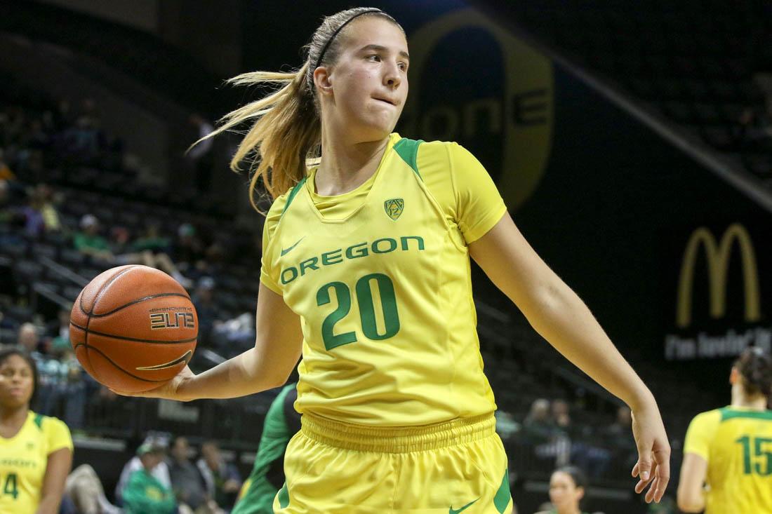 <p>Oregon guard Sabrina Ionescu (20) tosses the ball during warm ups. The Oregon Ducks host the Northwest Christian University Beacons at Matt Knight Arena in Eugene, Ore. on Oct. 29, 2016. (Kaylee Domzalski/Emerald)</p>