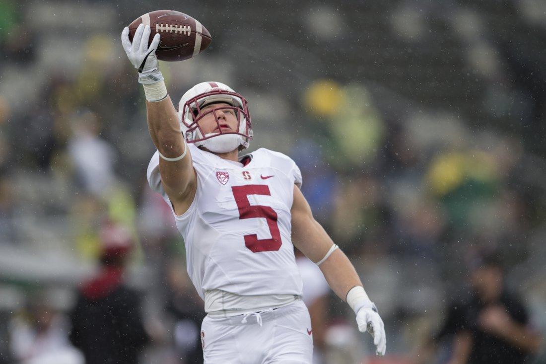 Stanford Cardinal running back Christian McCaffrey (5) reaches to catch a pass while warming up. The Oregon Ducks host the Stanford Cardinal at Autzen Stadium in Eugene, Ore. on Saturday, Nov. 12, 2016. (Adam Eberhardt/Emerald)