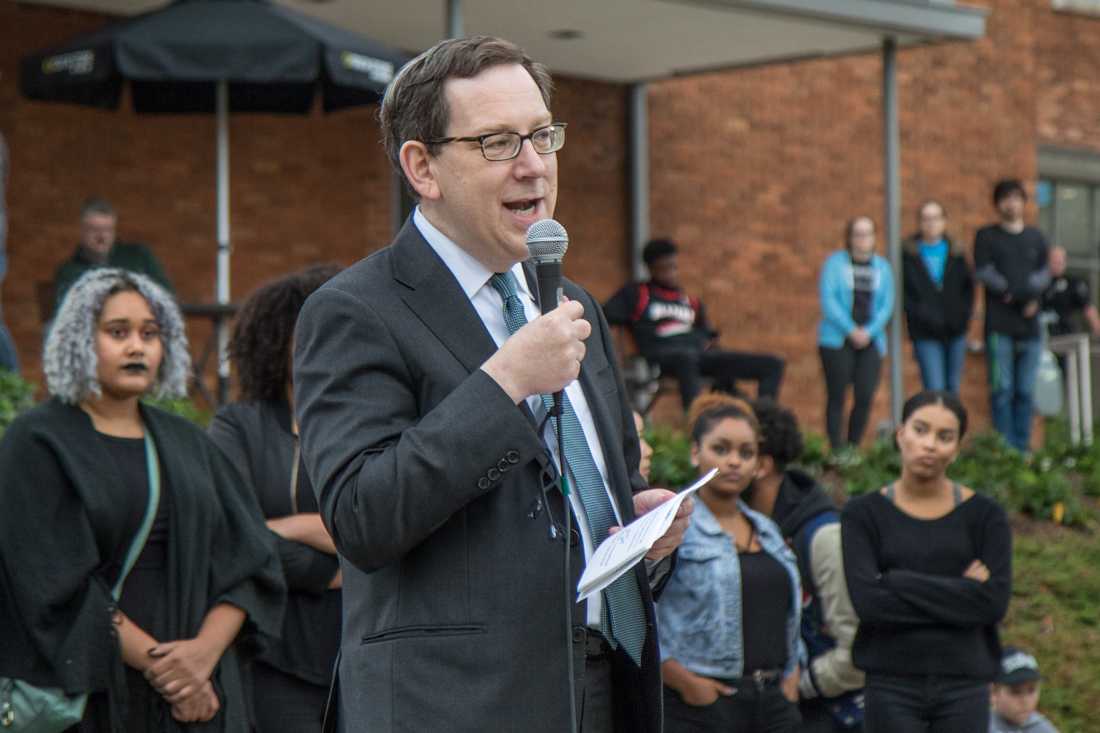 University of Oregon President Michael Schill addresses the crowd. The Black Student Task Force holds a Black Community Rally in the EMU amphitheater on Nov.11, 2016.