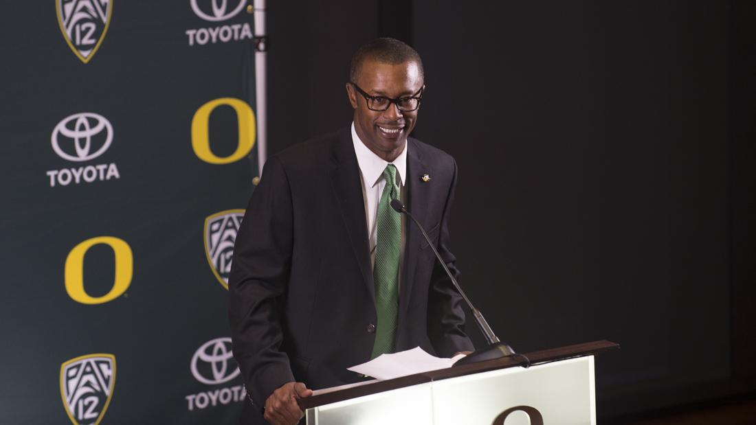 <p>Willie Taggart speaks for the first time as Oregon's football head coach at a press confrence at the Hatfield-Dowlin Complex in Eugene, Ore. on Thursday, Dec. 8, 2016. (Adam Eberhardt/Emerald)</p>