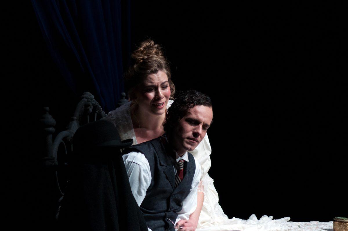 Gretta Conroy pleads for forgiveness from her husband Gabriel Conroy, played by University of Oregon senior Alex Mentzel.