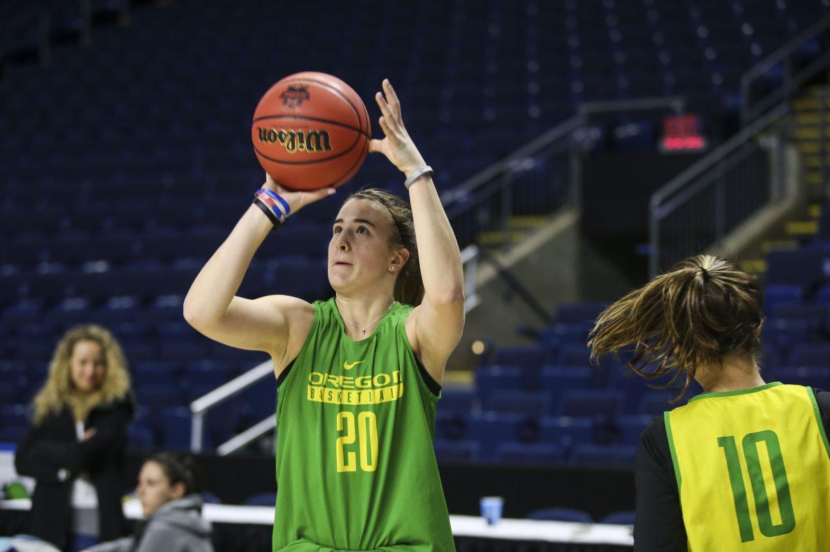 The Oregon Ducks practice at Webster Bank Arena on March 24, 2017 in Bridgeport, CT in preparation of their Sweet 16 game vs. Maryland. (Eric Evans Photography)