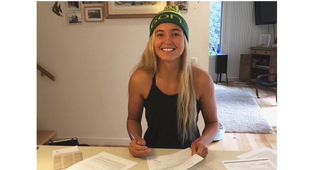 Ducks recruit Anneli Maley was all smiles when she signed her Letter of Intent on April 12. (Courtesy &#8211; Anneli Maley)