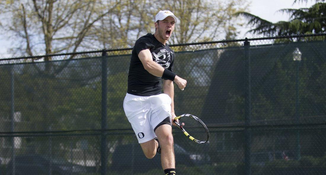 Simon Stevens celebrates after winning a set during his singles match. The No. 22 Oregon Ducks play the No. 41 Washington Huskies at the Oregon Student Tennis Center in Eugene, Ore. on Saturday, April 22, 2017. (Adam Eberhardt/Emerald)