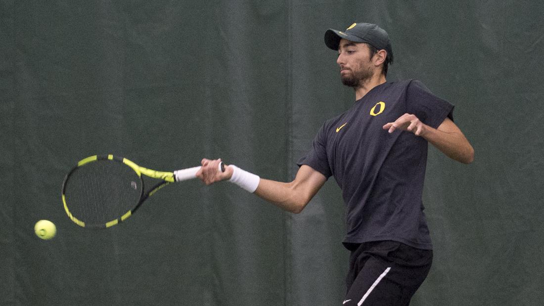 Thomas Laurent returns the ball during his singles match. The No. 23 Oregon Ducks play the No. 12 Cal Golden Bears at the Oregon Student Tennis Center in Eugene, Ore. on Friday, April 14, 2017. (Adam Eberhardt/Emerald)