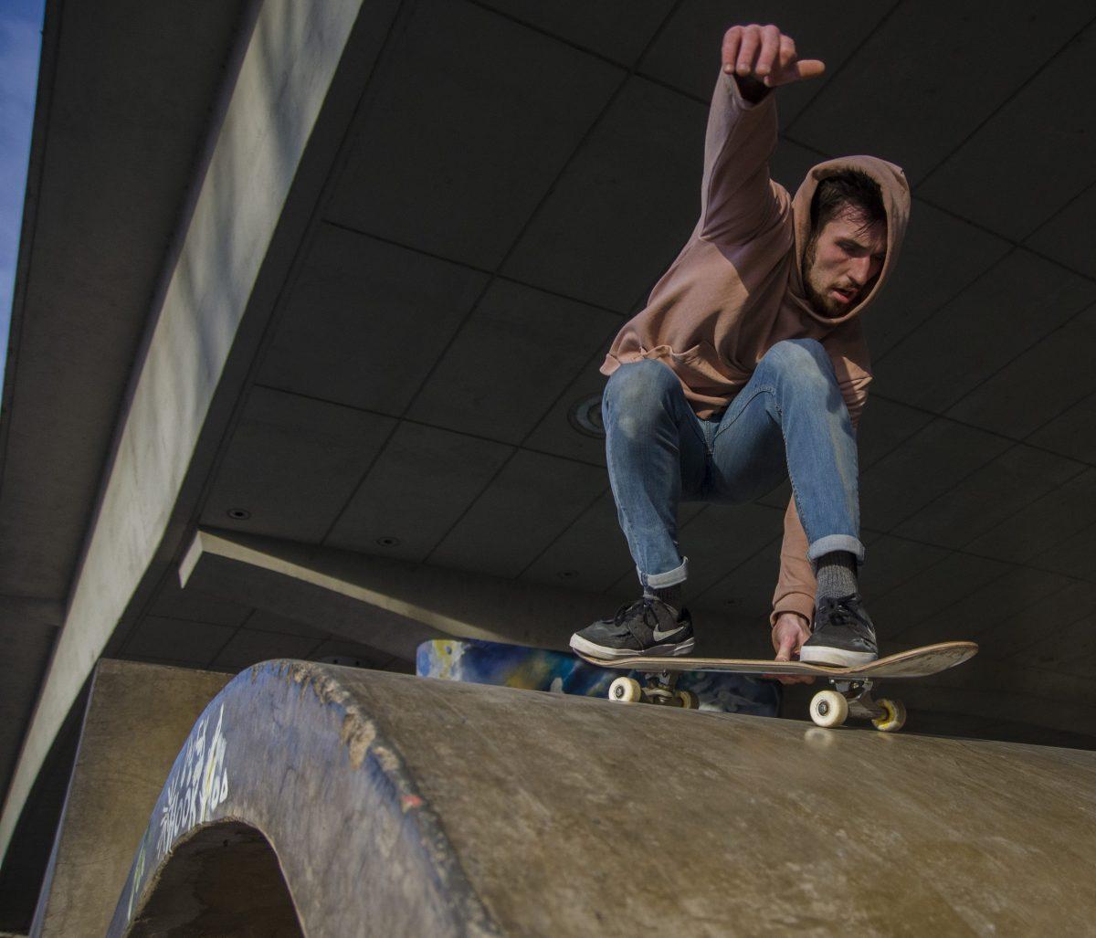 Elliot Coates slides around on the ribbon feature at Washington-Jefferson Skatepark during the Nike SB wear test. (Levi Gittleman/Emerald)