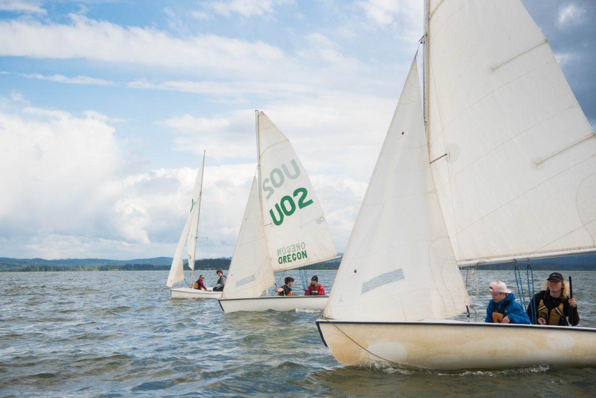 Members of the University of Oregon and Oregon State University sailing teams practice before their last regatta of the season.