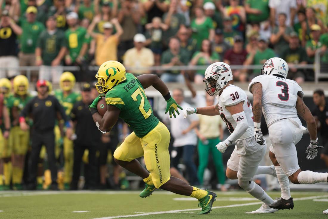 <p>Oregon running back Royce Freeman charges for the end zone. The Oregon Ducks start their season playing against the Southern Utah Thunderbirds at Autzen Stadium in Eugene, Ore. on September 2, 2017. (Phillip Quinn/Emerald)</p>