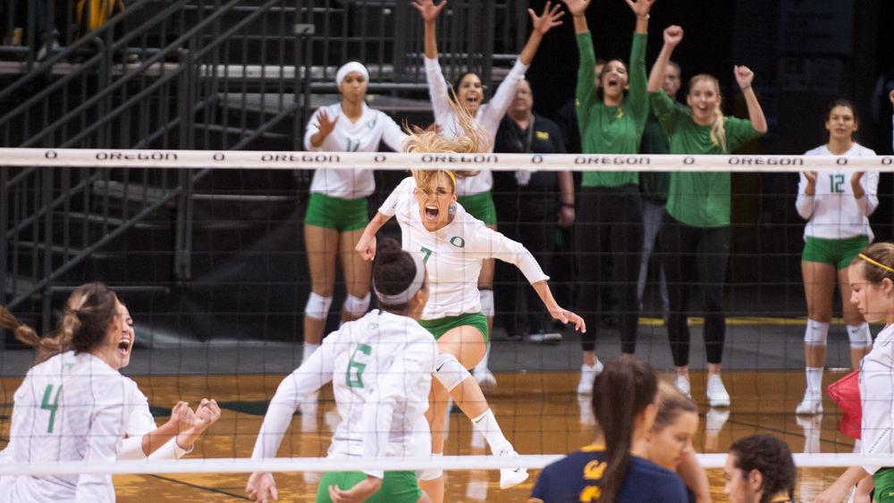 Oregon Ducks senior Taylor Agost (7) celebrating a point. The Oregon Ducks beat Cal in 3 sets.