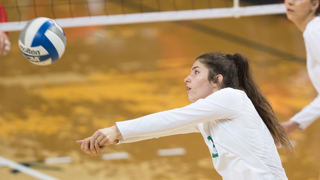 Oregon setter Maggie Scott (3) hits the ball back over the net. The No. 15 Oregon Ducks host the Arizona Wildcats at Matthew Knight Arena in Eugene, Ore. on Friday, Oct. 20, 2017. (Adam Eberhardt/Emerald)