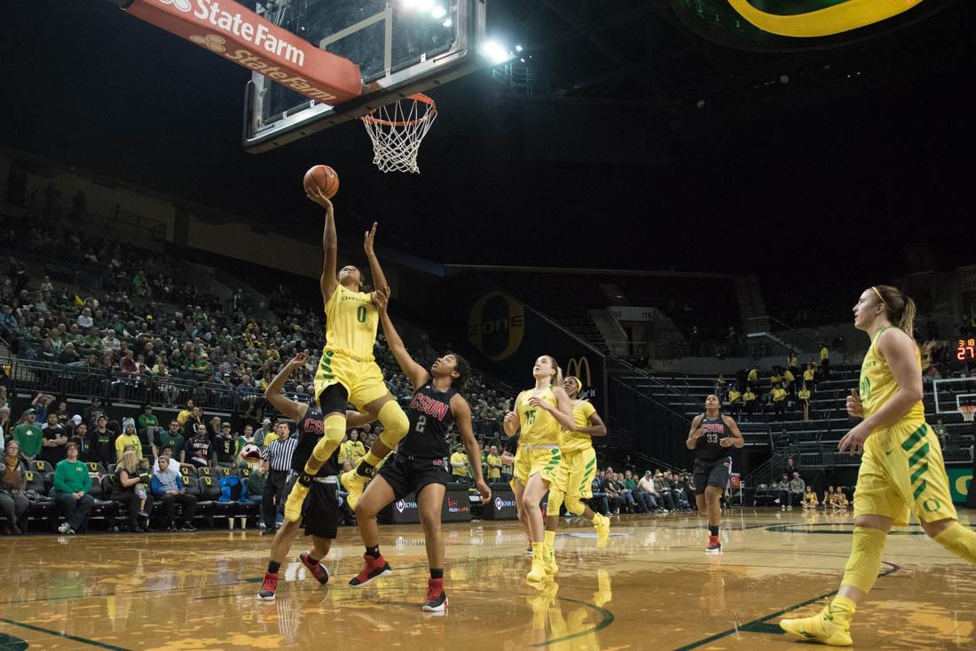 Oregon women&#8217;s basketball kicked off its season with a 91-43 dismantling of California State University, Northridge in the first round of the WNIT Tournament on Friday night. The No. 11 Ducks (1-0) dominated in all phases of play, shooting 45 percent from the field while holding CSUN to 27 percent. &#8230;