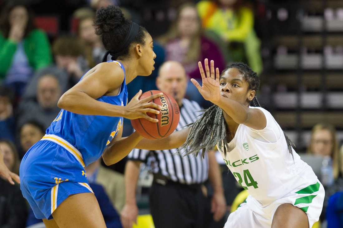 Oregon Ducks forward Ruthy Hebard (24) defends a UCLA Bruins player. The Oregon Ducks face the UCLA Bruins in the semifinals of the Pac-12 Tournament at KeyArena in Seattle, Wash. on Saturday, March 3, 2018. (Adam Eberhardt/Emerald)