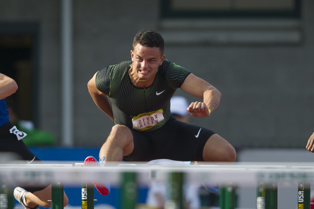 Former Oregon hurdler Devon Allen clears the first hurdle in the 110m hurdle race. The University of Oregon hosts the Twilight track and field meet at Hayward Field in Eugene, Ore. on Friday, May 4, 2018. (Adam Eberhardt/Emerald)