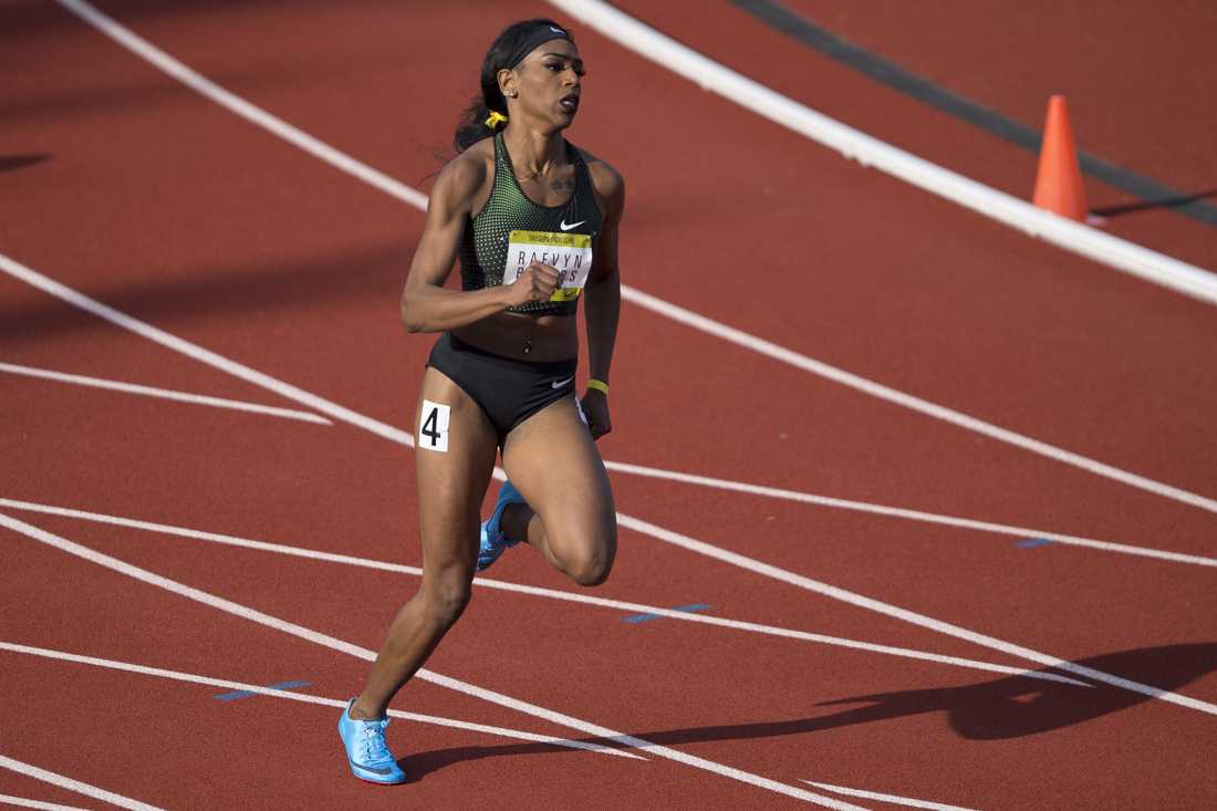 Former Oregon sprinter Raevyn Rogers comes off the Bowerman Curve during the women&#8217;s 400m race. The University of Oregon hosts the Twilight track and field meet at Hayward Field in Eugene, Ore. on Friday, May 4, 2018. (Adam Eberhardt/Emerald)